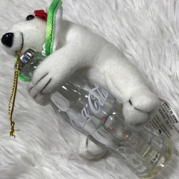 NWOT Vintage Coca-Cola Stuffed Polar Bear Cub with Bottle Ornament - Picture 4 of 7